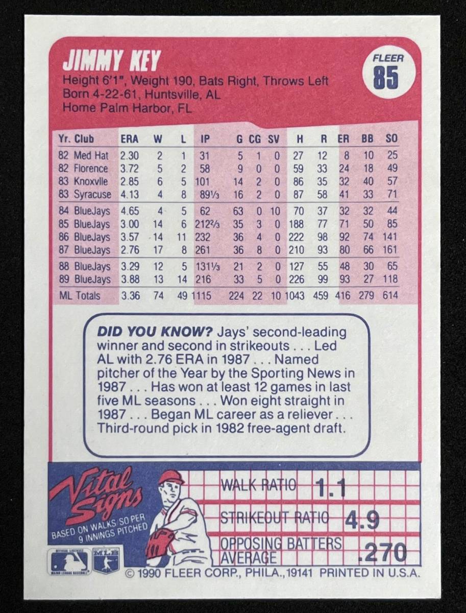 MLB 1990 FLEER ジミー・キー トロント・ブルージェイズ Jimmy Key_画像2