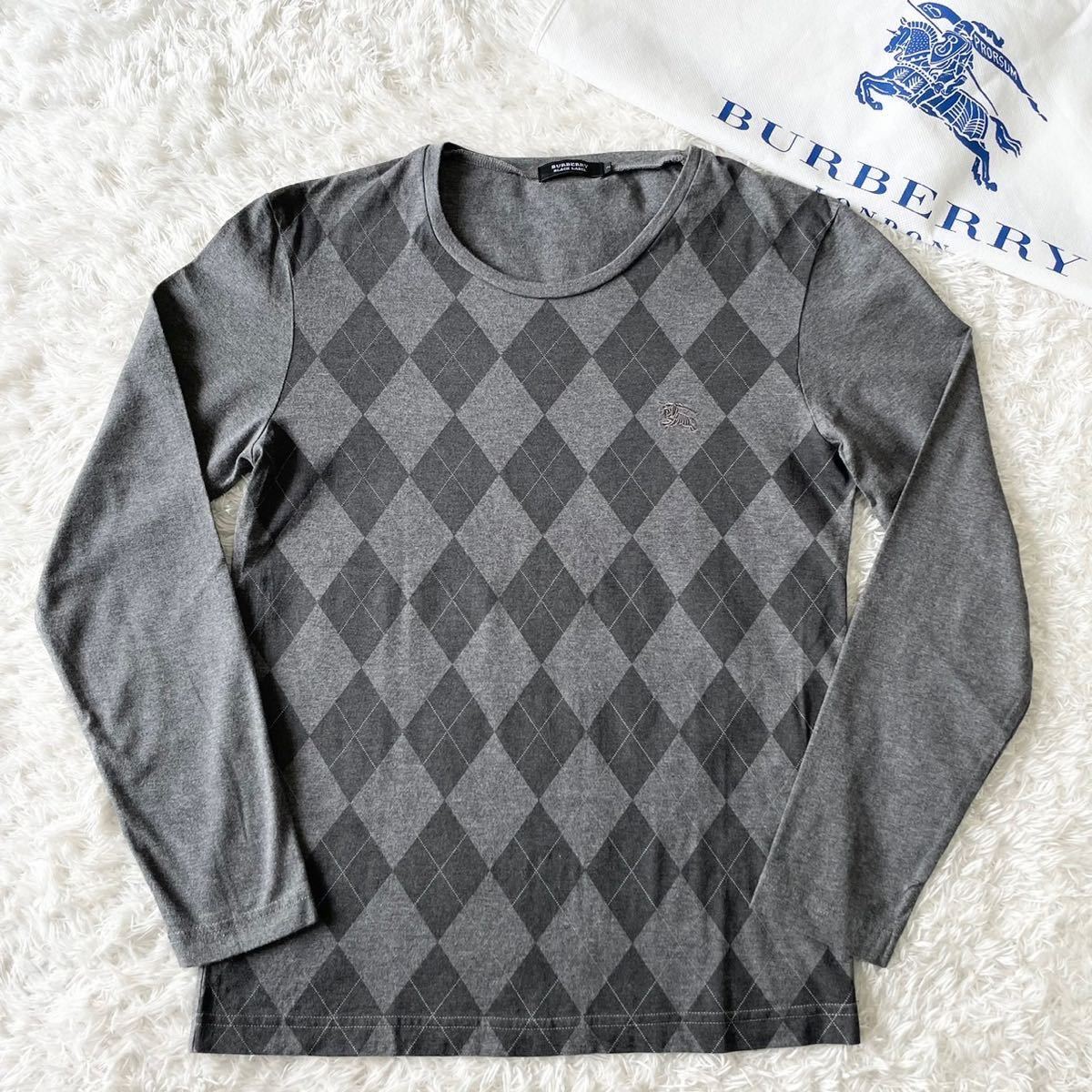 美品★BURBERRY BLACK LABEL★BIGホース刺繍 Tシャツ 長袖 バーバリーブラックレーベル 2/M 黒 アーガイル 三陽商会正規 カットソー _画像3