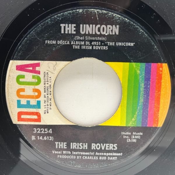 USオリジナル 7インチ IRISH ROVERS The Unicorn / Black Velvet Band ('68 Decca) カナディアン・ロック 45RPM._画像1