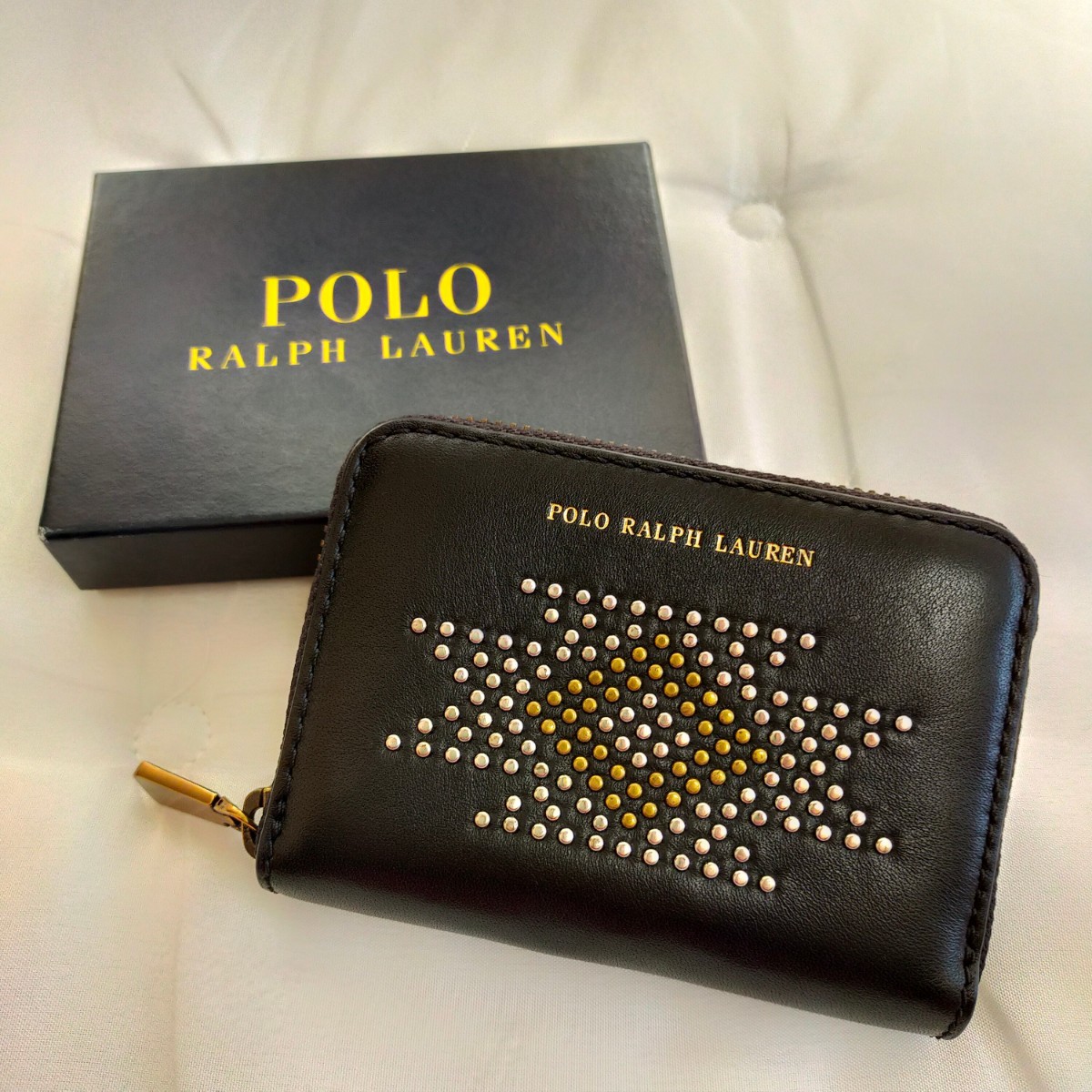 POLO RALPH LAUREN ポロ ラルフローレン スタッズカードケース 小銭入れ ミニウォレット 財布 ラウンドジップ ブラック(黒)