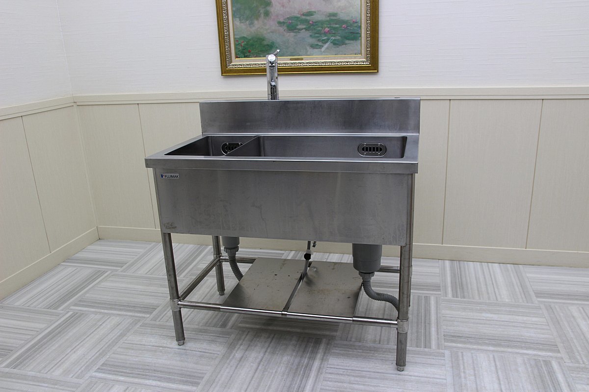 美品!フジマック 2槽 シンク 流し 2口 混合水栓 シャワー 蛇口 美品!フジマック 2槽 シンク 流し 2口 混合水栓 シャワー 蛇口