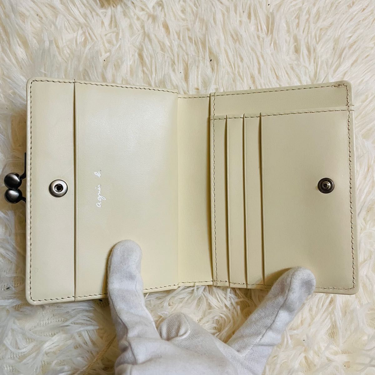 新品未使用*agnes b. 二つ折り 財布 がま口 レザー キャメル ホワイト アニエスベー ベージュ ウォレット バイカラー