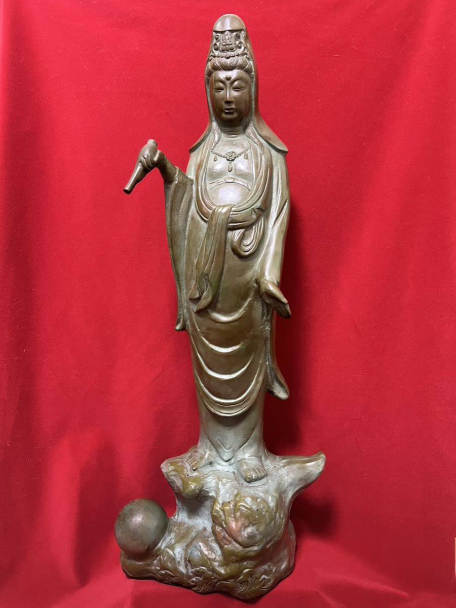 古い 仏像 立像 鉄製 聖観音像 仏教美術 拝み物 置物 凛々しいお顔 珍品-