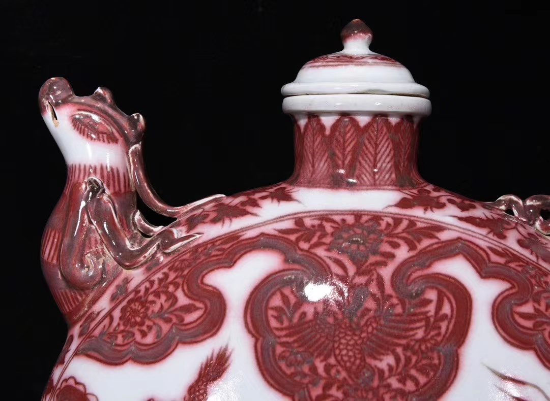 多寶屋】LM127□中国古美術明永楽釉里紅龍紋鳳頭壺特大扁壺□高さ