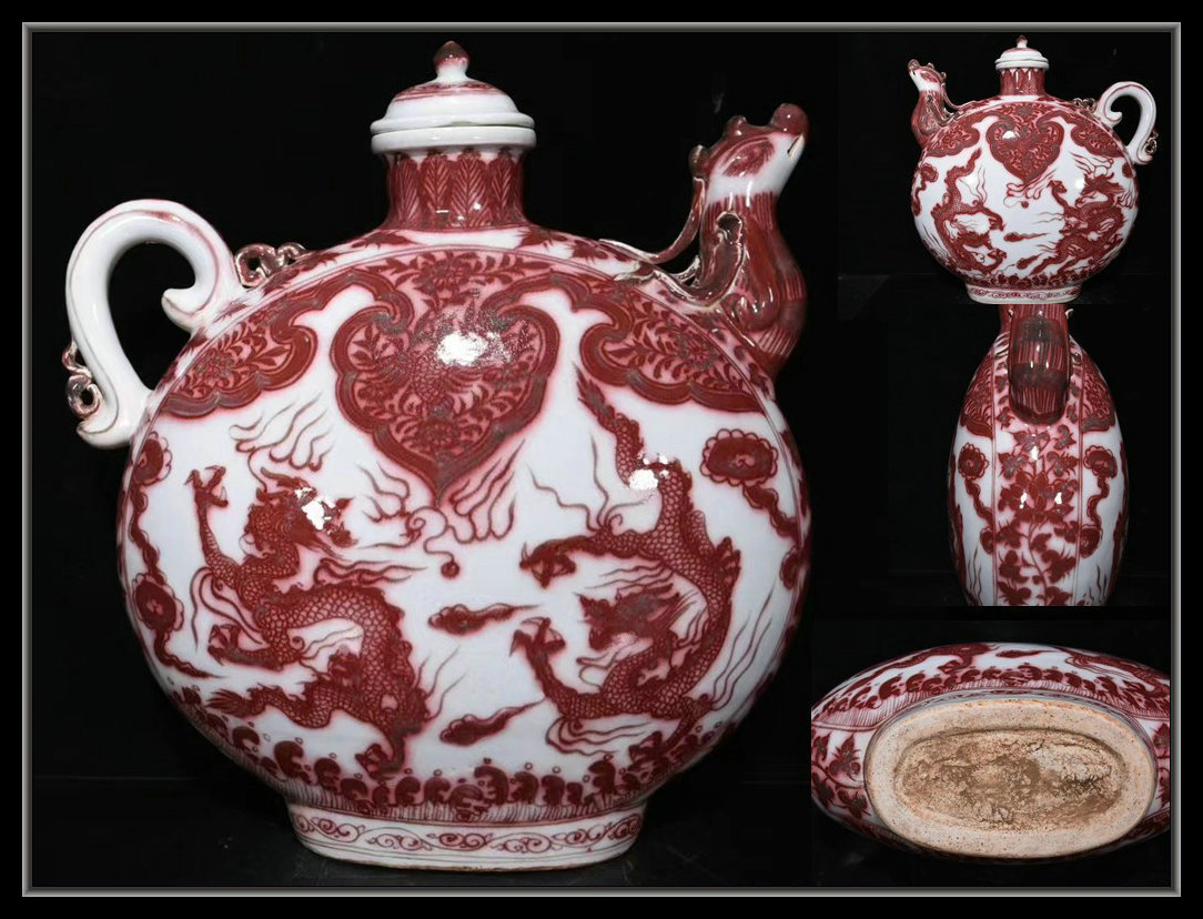 多寶屋】LM127□中国古美術明永楽釉里紅龍紋鳳頭壺特大扁壺□高さ