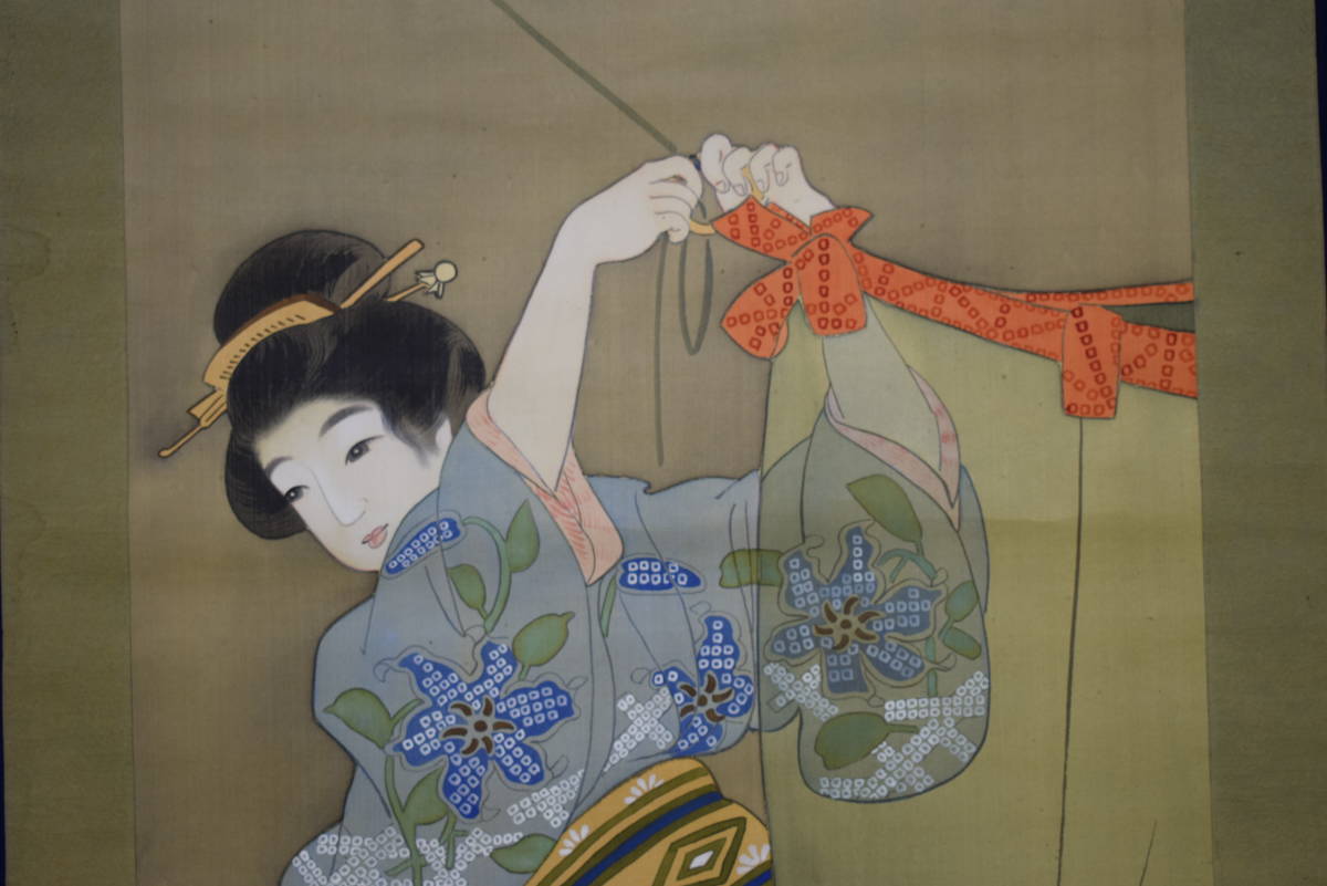 真作】/竹園/蚊帳美人図/布袋屋掛軸HE-738