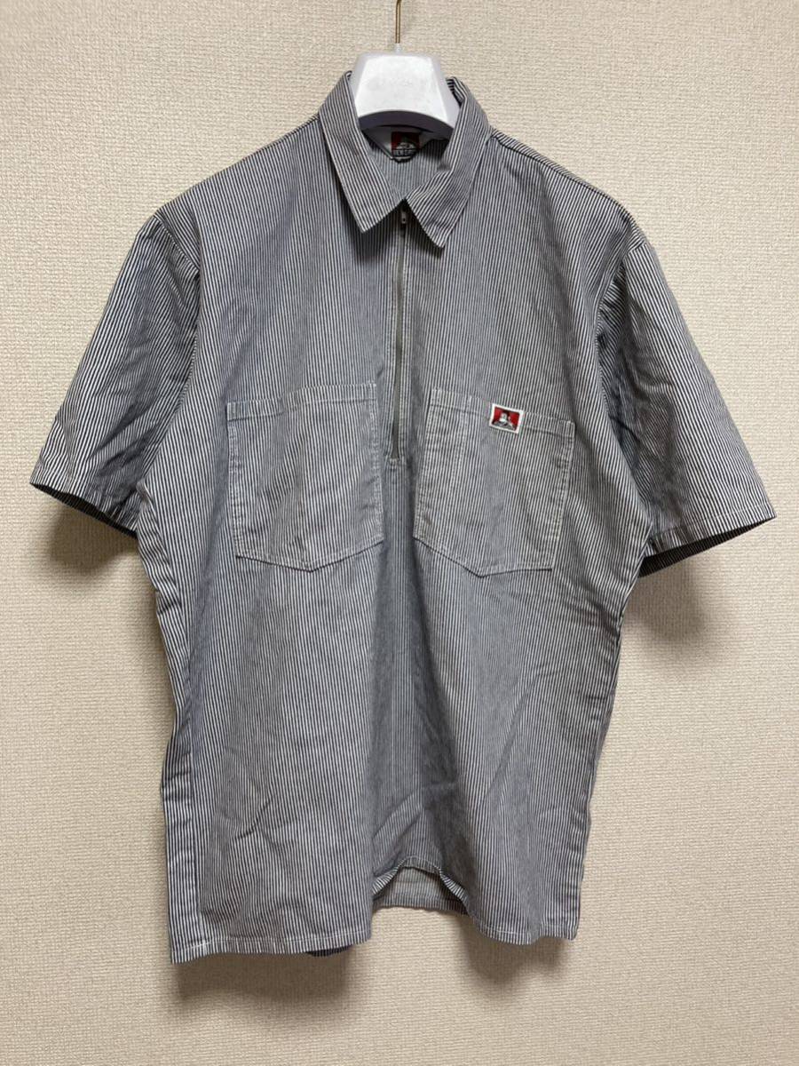 90's USAヴィンテージ BEN DAVIS ハーフジップワークシャツ 半袖シャツ プルオーバー 半袖シャツ ヒッコリー USA製 Mヒッコリーストライプ