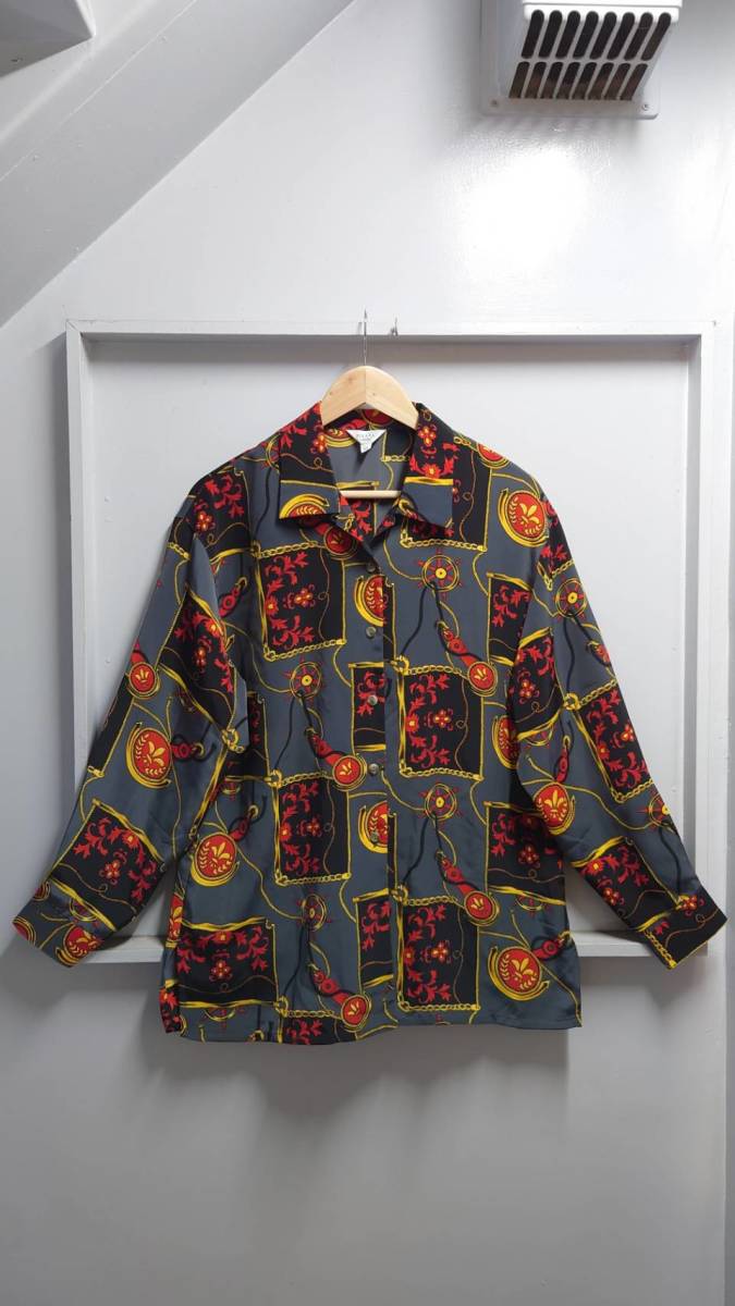 PIRATA collection ポリエステル スカーフ柄 オープンカラー シャツ チャコールグレー サイズ11R 総柄 開襟 柄シャツ_画像1