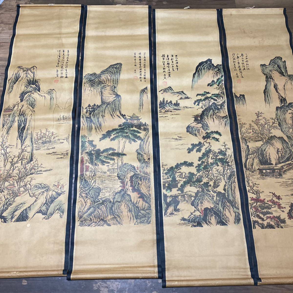 中国書画 唐寅 山水絵 4枚セット 近代現代書画 掛け軸 掛軸 模写