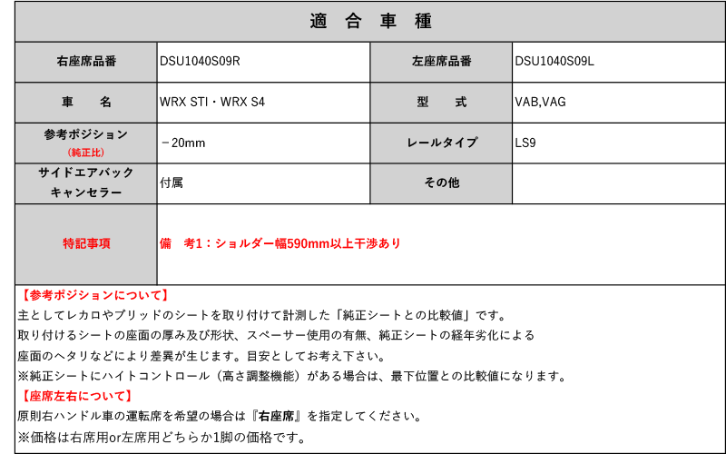 [レカロ RS-G/TS-G/SP-G]VAB,VAG WRX STI・WRX S4用シートレール(3×3ポジション)[N SPORT製][保安基準適合]_画像2