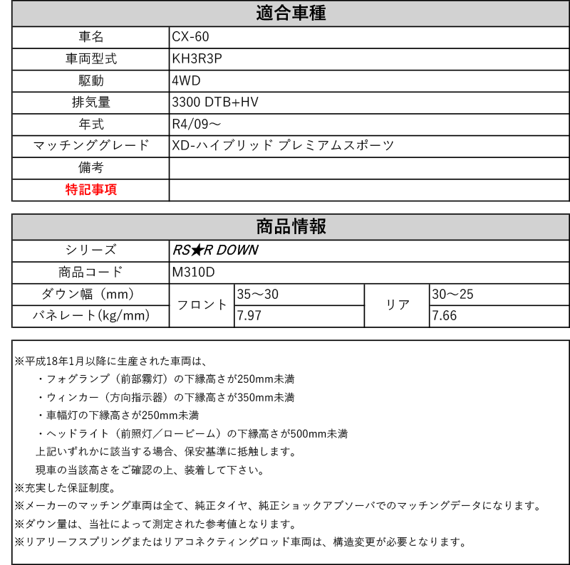 [RS-R_RS★R DOWN]KH3R3P CX-60_XD-ハイブリッド プレミアムスポーツ(4WD_3300 DTB+HV_R4/09～)用車検対応ダウンサス[M310D]_画像3