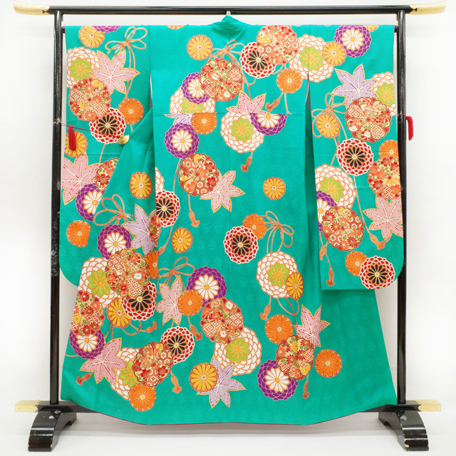  long-sleeved kimono kimono turquoise ground .. plum flower classic retro modern blue green lovely secondhand goods brand new length 161.66.5 M size ....sb12293