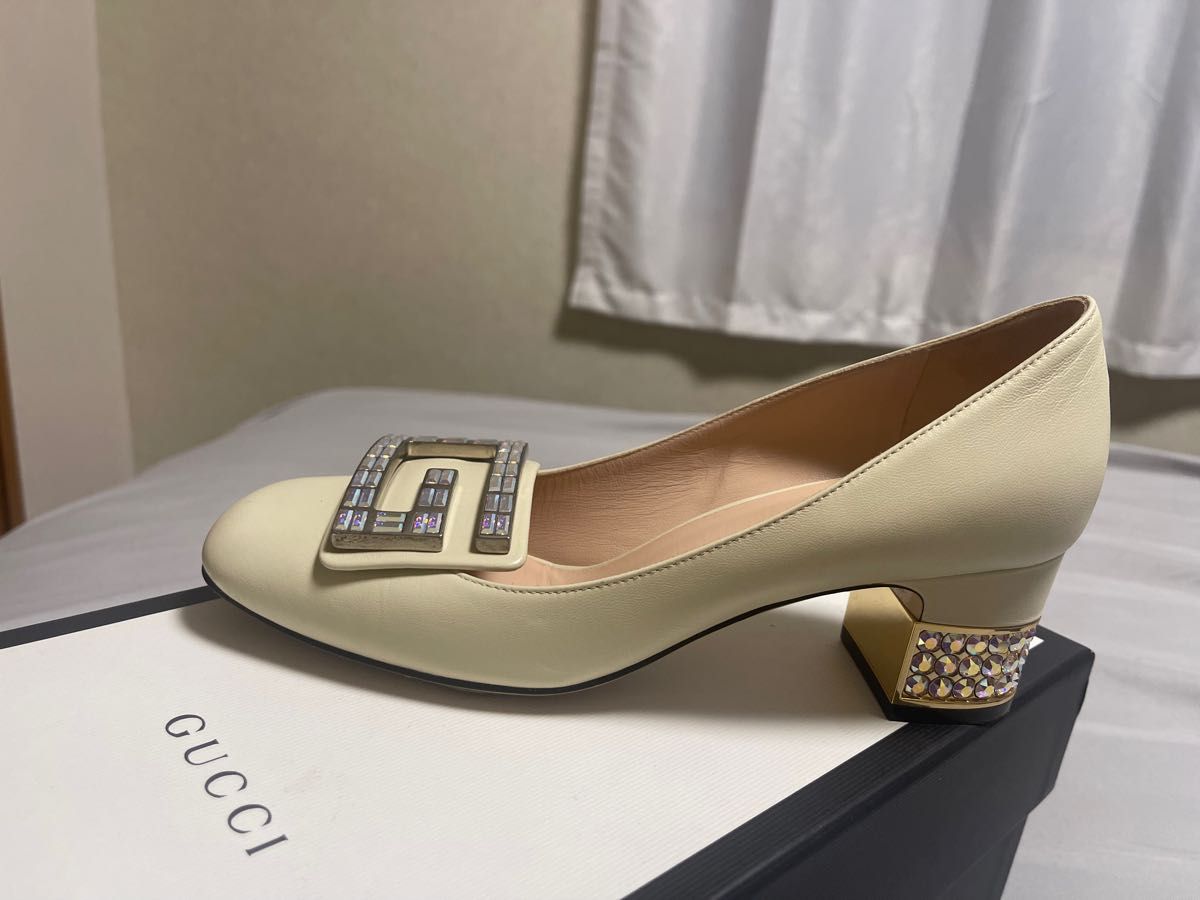 美品☆GUCCI・グッチ クリスタルG ストーンヒール パンプス（351/2）-