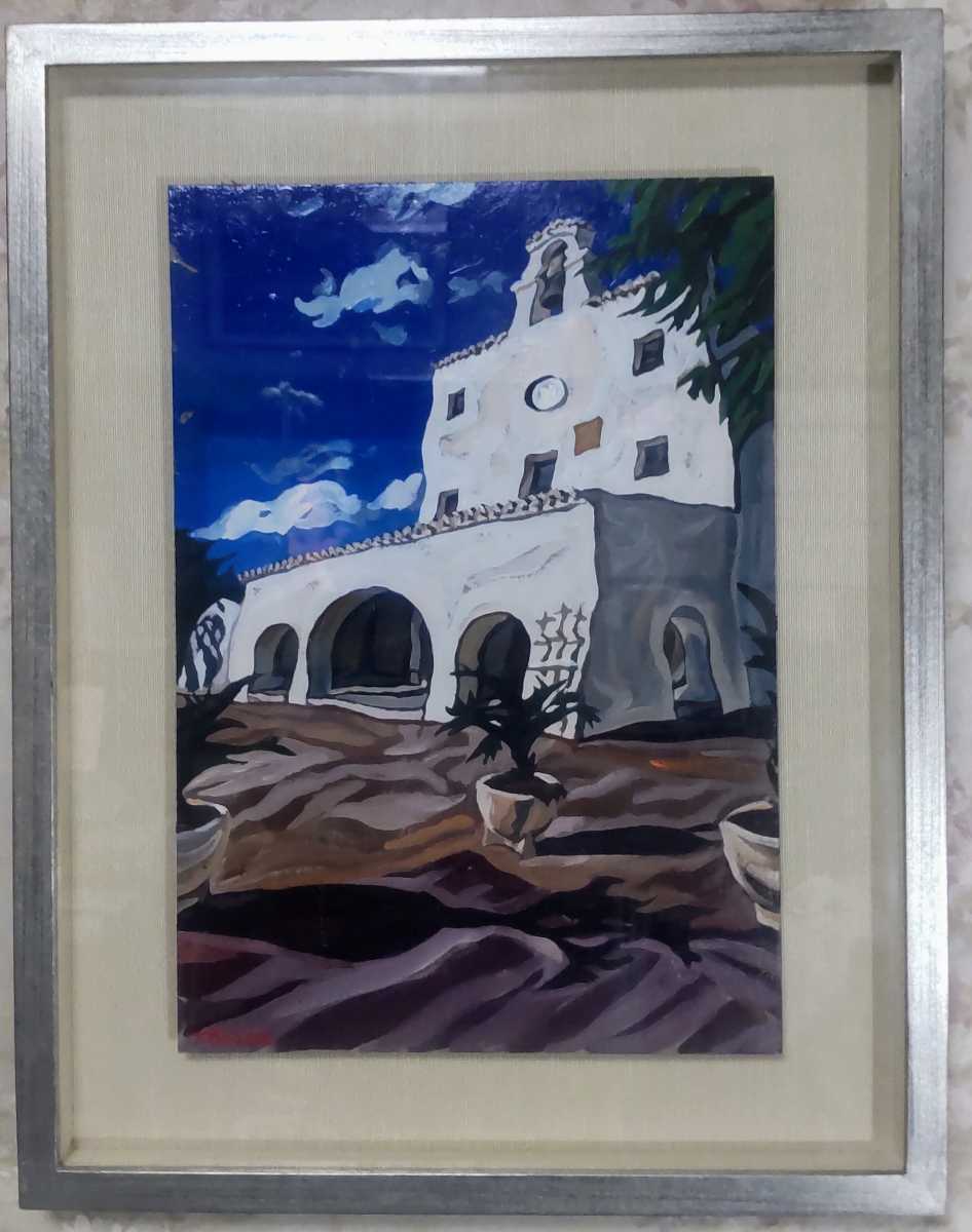 真作】大原立司作「イビサの教会」油彩画5号 世界遺産イビサ島 聖 