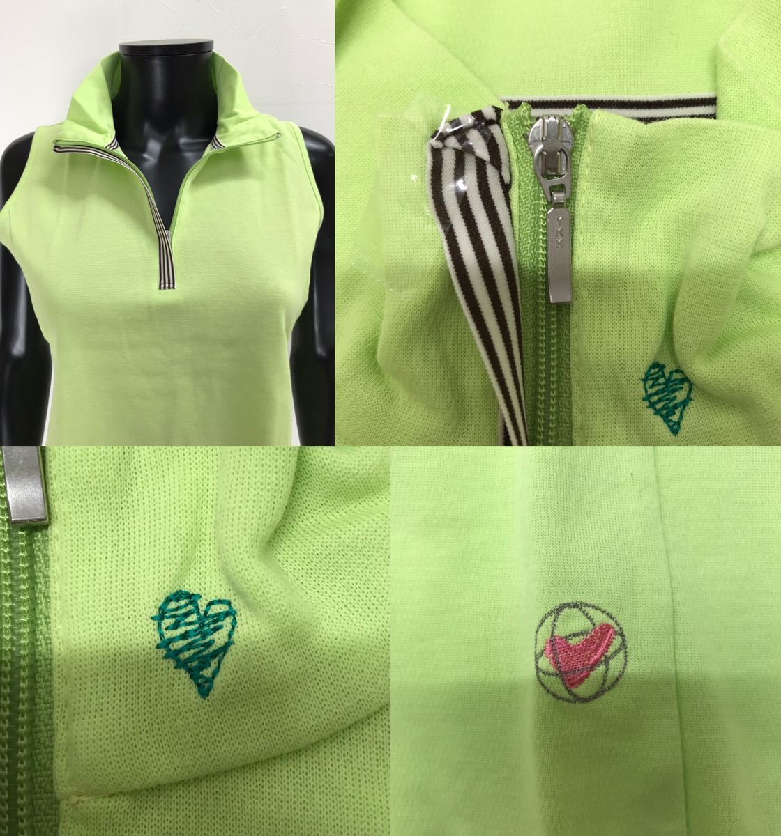 【USED】VIVA HEART ビバハート 綿 ハーフジップ ハイネック ノースリーブ シャツ ロゴ刺繍 グリーン 緑 レディース 42 ゴルフウェア_画像7