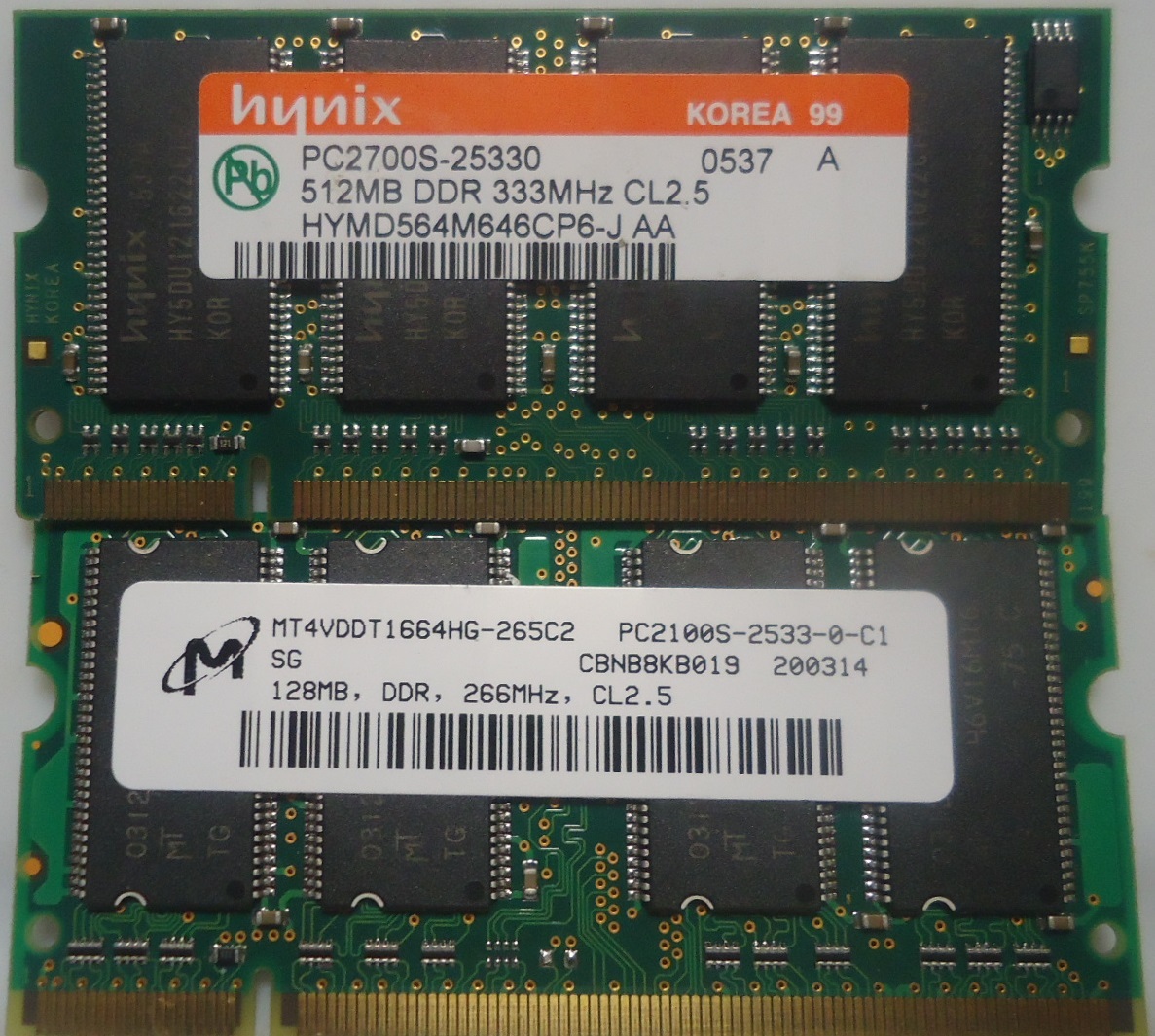Hynix 512MB DDR PC2700 DDR333 + Micron DDR266 128MB PC2100S 合計640MB 　　ノート用 メモリ DIMM DDR SDRAM_画像1