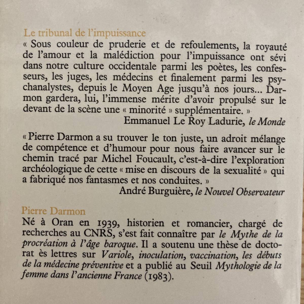 【仏語洋書】性的不能者裁判 男の性の知られざる歴史ドラマ Le tribunal de l’impuissance / ピエール・ダルモン Pierre Darmon（著）_画像2