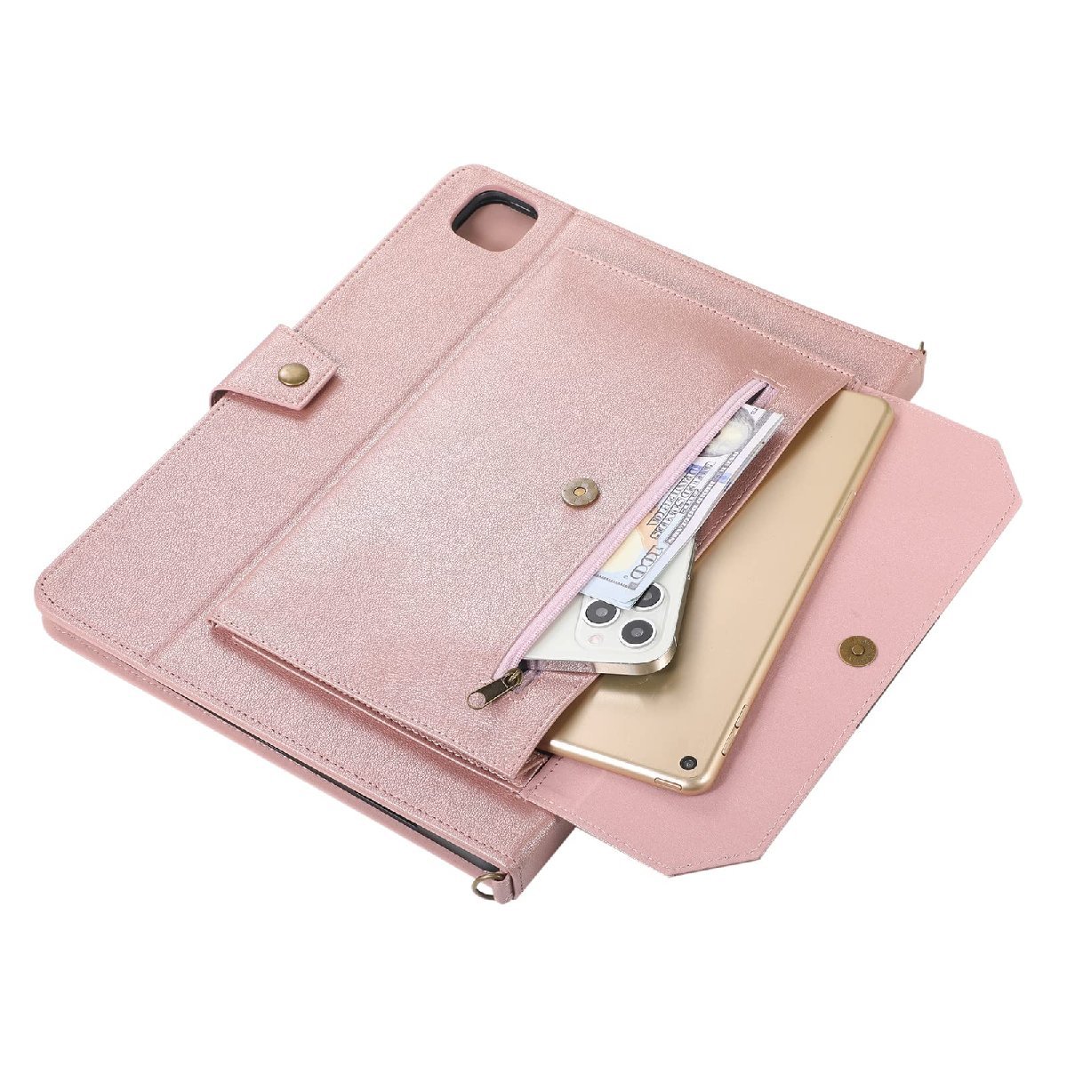 送料無料★iPad mini6ケース 8.3インチ ショルダーストラップ付 カード収納 手帳型 ハンドベルト付(ローズゴールド)_画像6