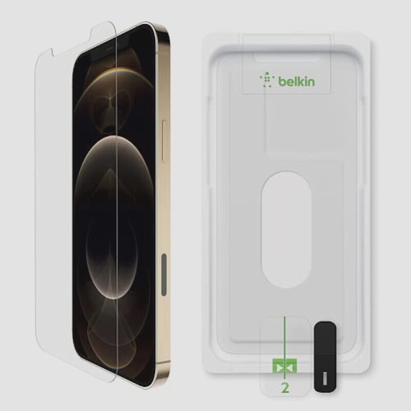 送料無料★Belkin iPhone12ProMax 保護フィルム 超強化ガラス 抗菌 0.29mm 簡単取付キット付き