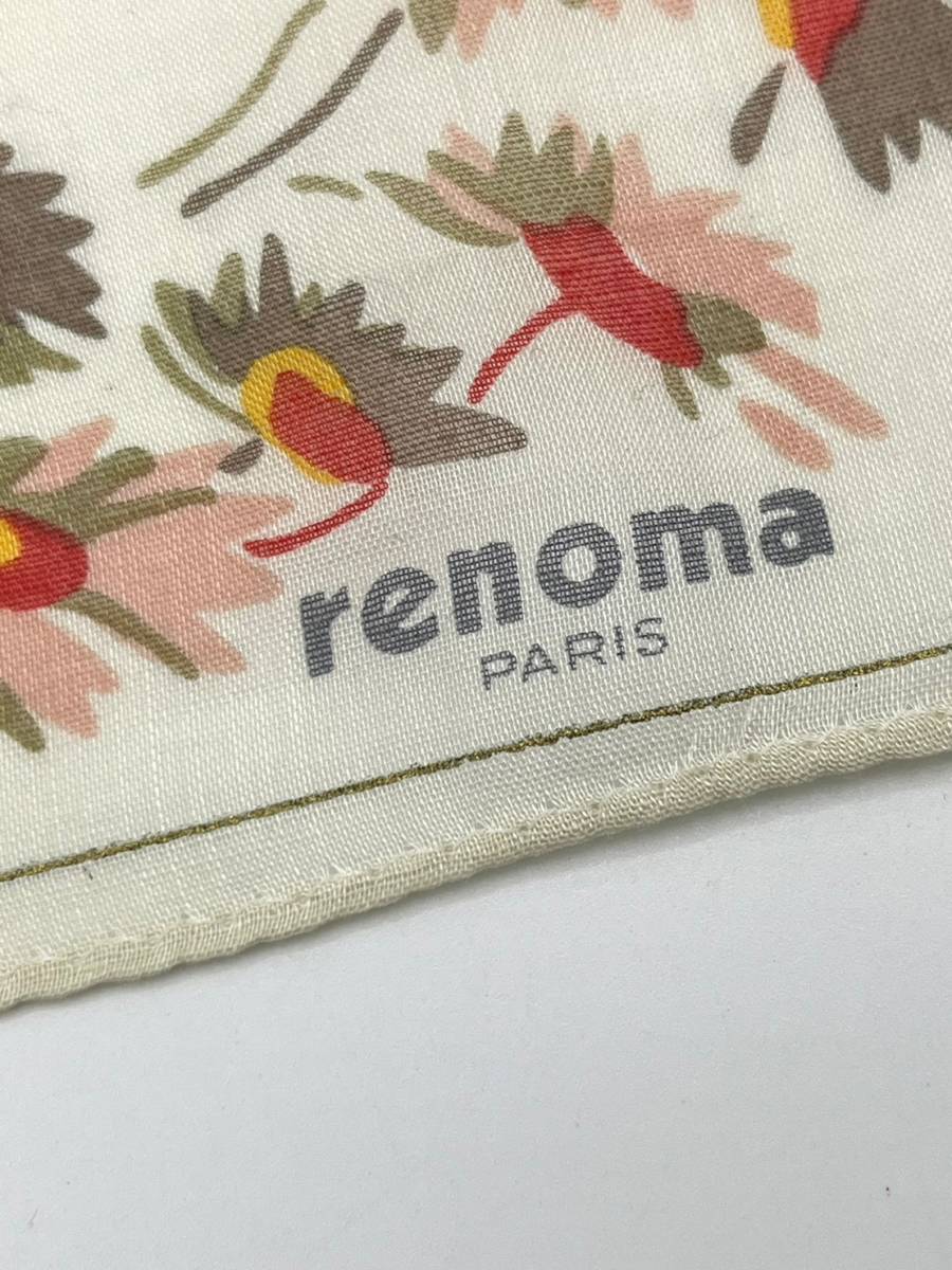Renoma　レノマ　ハンカチ　スカーフ　バンダナ　花　ライトベージュ　42×42　コットン