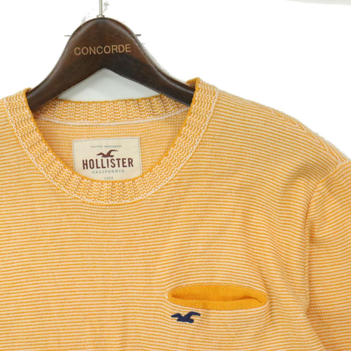 HOLLISTER ホリスター 通年 ロゴ刺繍★ 細ボーダー コットン ニット セーター カットソー Sz.M　メンズ　A3T03236_4#L_画像2