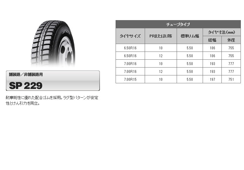 送料無料!ダンロップ ＳＰ２２９ チューブタイプ 7.00R16 12PR