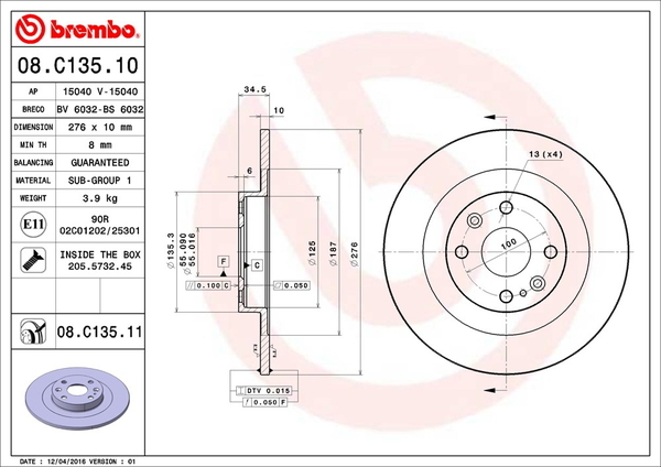  Brembo brakes disk rear left right set Roadster / Eunos Roadster NB8C 08.C135.11 installation set brembo BRAKE DISC