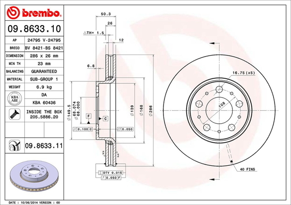  тормоза "Брэмбо" диск передние левое и правое комплект V70(II) SB5244W 09.8633.11 brembo BRAKE DISC тормозной диск тормозной диск 