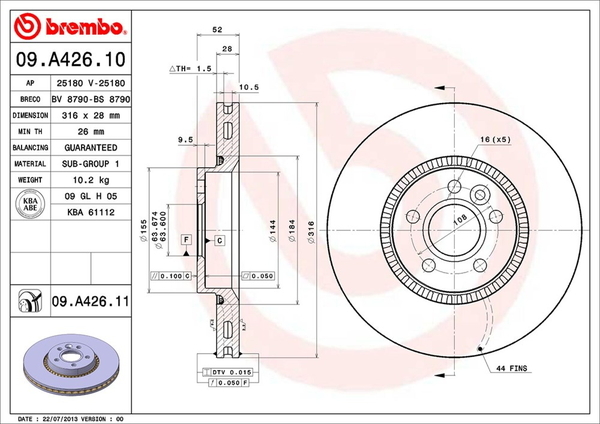 ブレンボ ブレーキディスク フロント左右セット V70(III) BB5254W 09.A426.11 brembo BRAKE DISC ブレーキローター ディスクローター_画像2