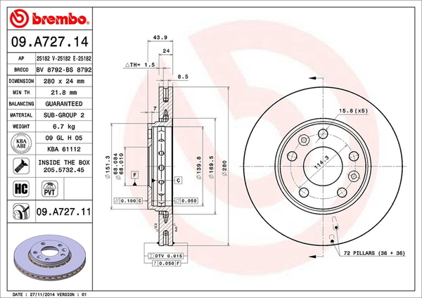 ブレンボ ブレーキディスク フロント左右セット メガーヌIII ZH5F 09.A727.11 brembo BRAKE DISC ブレーキローター ディスクローター_画像2