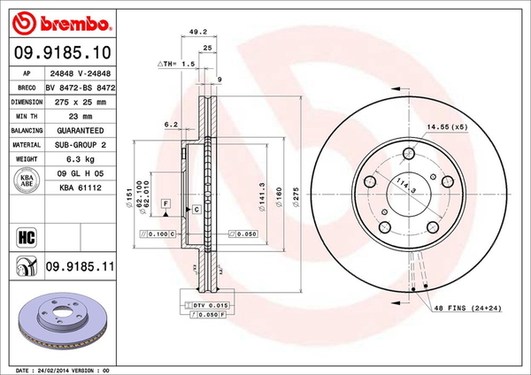 ブレンボ ブレーキディスク フロント左右セット マークII/クレスタ/チェイサー JZX100 09.9185.10 取付セット brembo BRAKE DISC_画像2