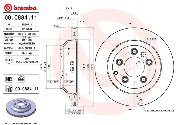 ブレンボ ブレーキディスク リア左右セット カイエン 92AM48 09.C884.11 brembo BRAKE DISC ブレーキローター ディスクローター_画像2