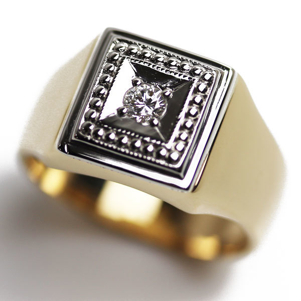 K18YG イエローゴールド Pt900プラチナ リング・指輪 ダイヤモンド0.14ct 20号 16.8g 印台 MR5400 メンズ 中古の画像1