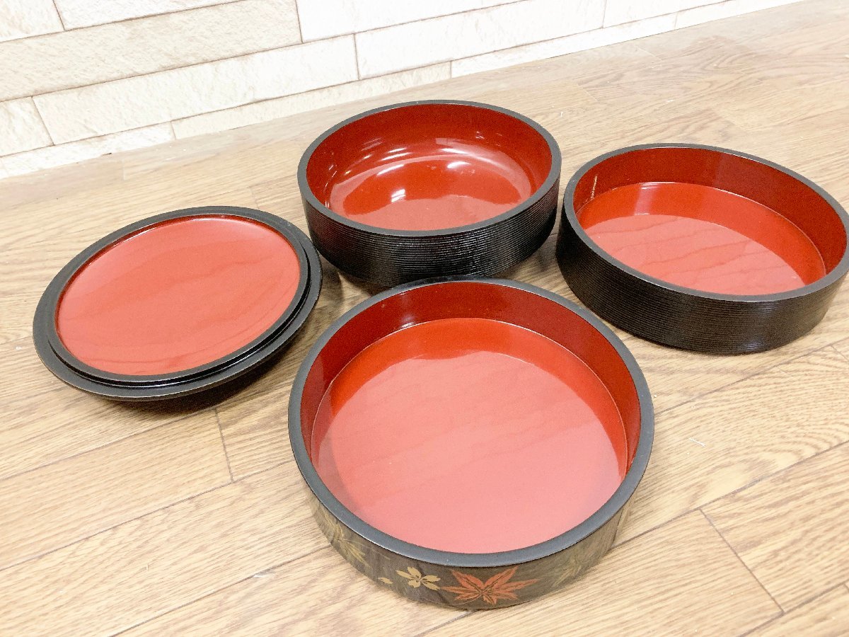 100%品質 3段 雲錦文 黒塗 象彦 平安 大内重箱 紅葉 共箱 木製漆器 菓子器 重箱