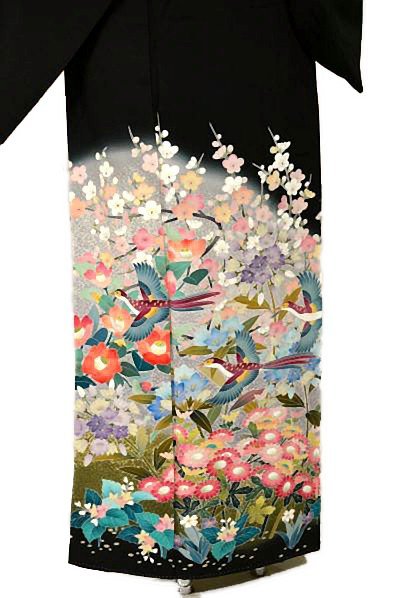  kurotomesode used top class beautiful goods author thing ...... dyeing beater dyeing flowers and birds writing ratio wing attaching length 164.5cm.68cm T2936