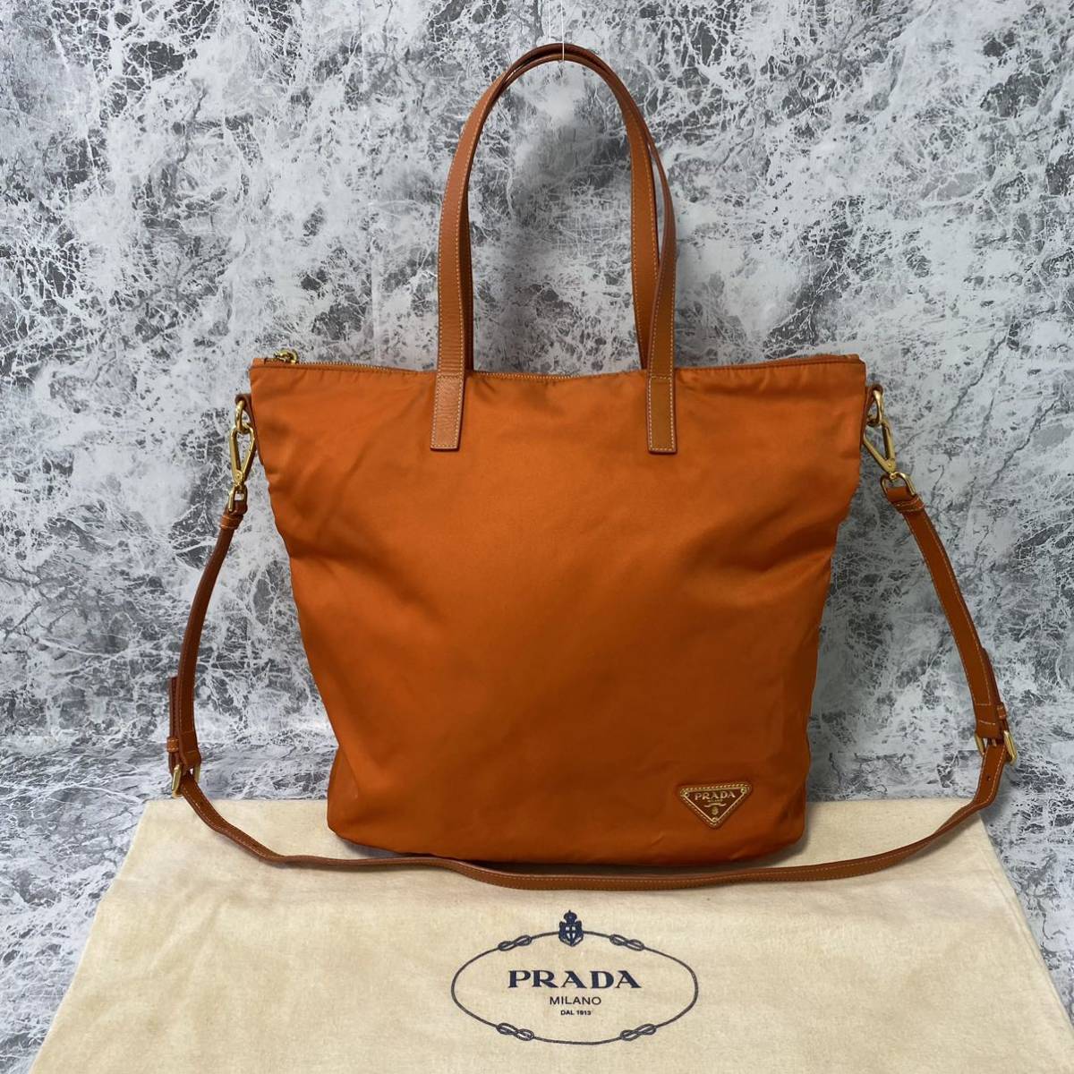 2022公式店舗 PRADA プラダ 0327082 レザー ナイロン オレンジ トート