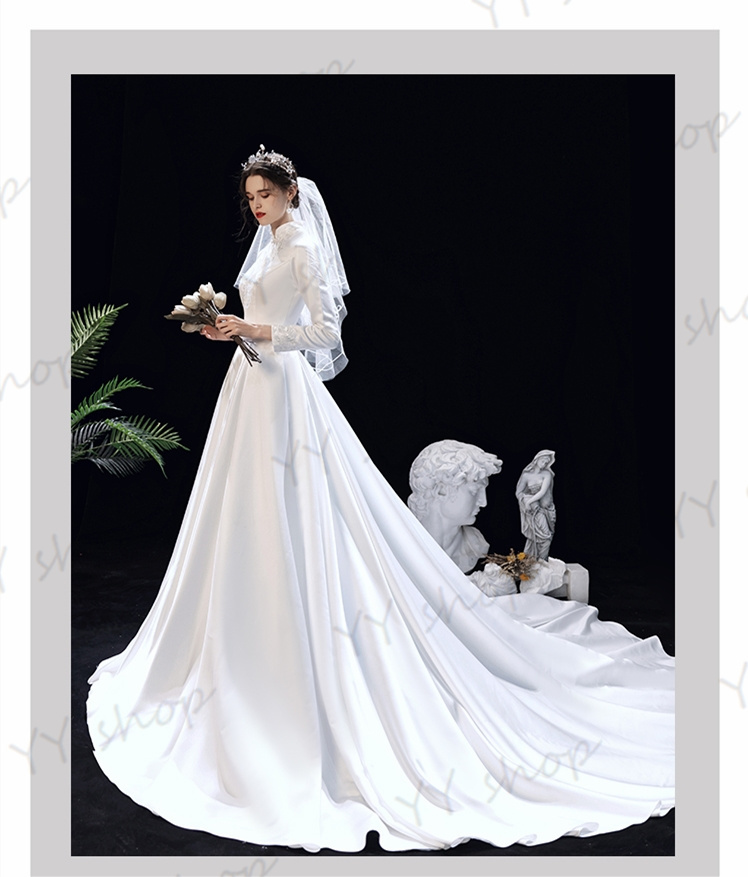 H063 復古調 高級サテン ウェディングドレス トレーン 立ち襟 Aライン 長袖 白 XS~XL 花嫁 結婚式 舞台 撮影 パニエ グローブ ベール付