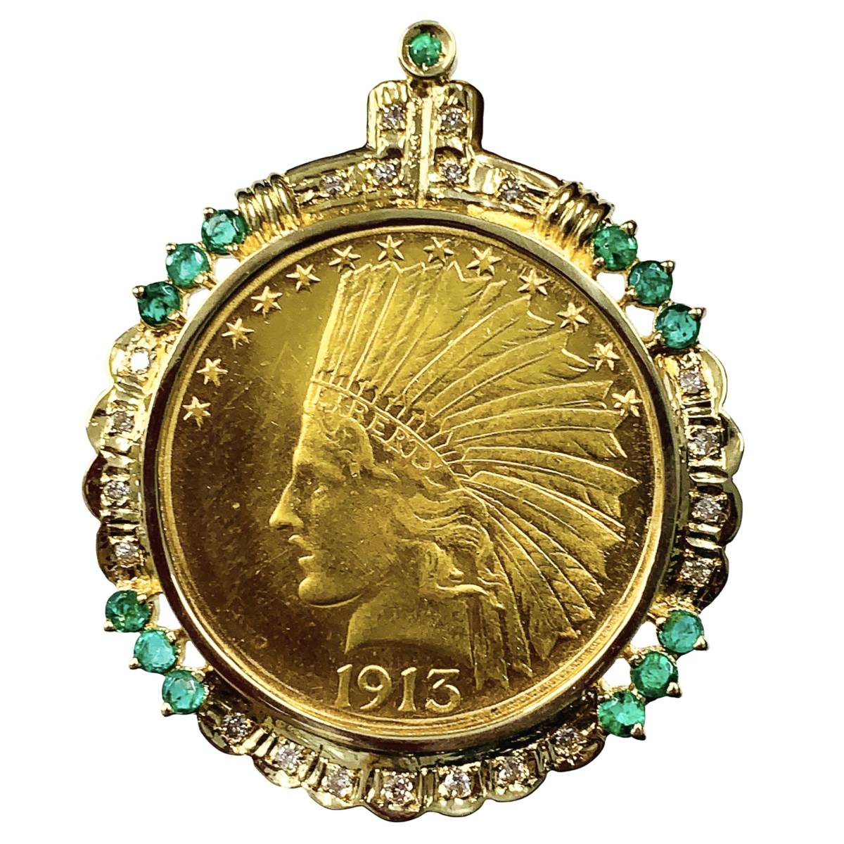 インディアン イーグル金貨 1913年 22.8g アメリカ K18/21.6 ダイヤモンド0.27 エメラルド イエローゴールド コイントップ