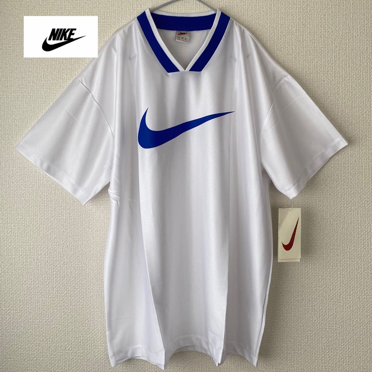 新品 タグ付き NIKE 90s 銀タグ 白タグ tシャツ ビッグロゴ 白 青 Vネック ゲームシャツ 半袖 OLDNIKE