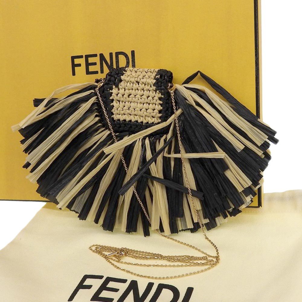 【中古】FENDI フェンディ ピコバケット ポーチ アクセサリーポーチ ラフィア ベージュ×黒 Air Pods対応 【質屋】_画像2