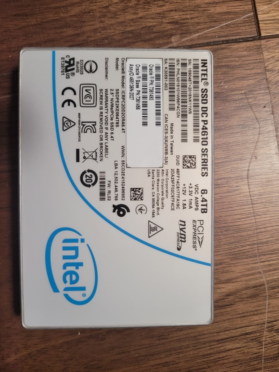 INTEL P4610 SERIES 6.4TB SSD U.2 NVME PCIE SSDPE2KE064T8S Solid State Drive 状態良い_画像1