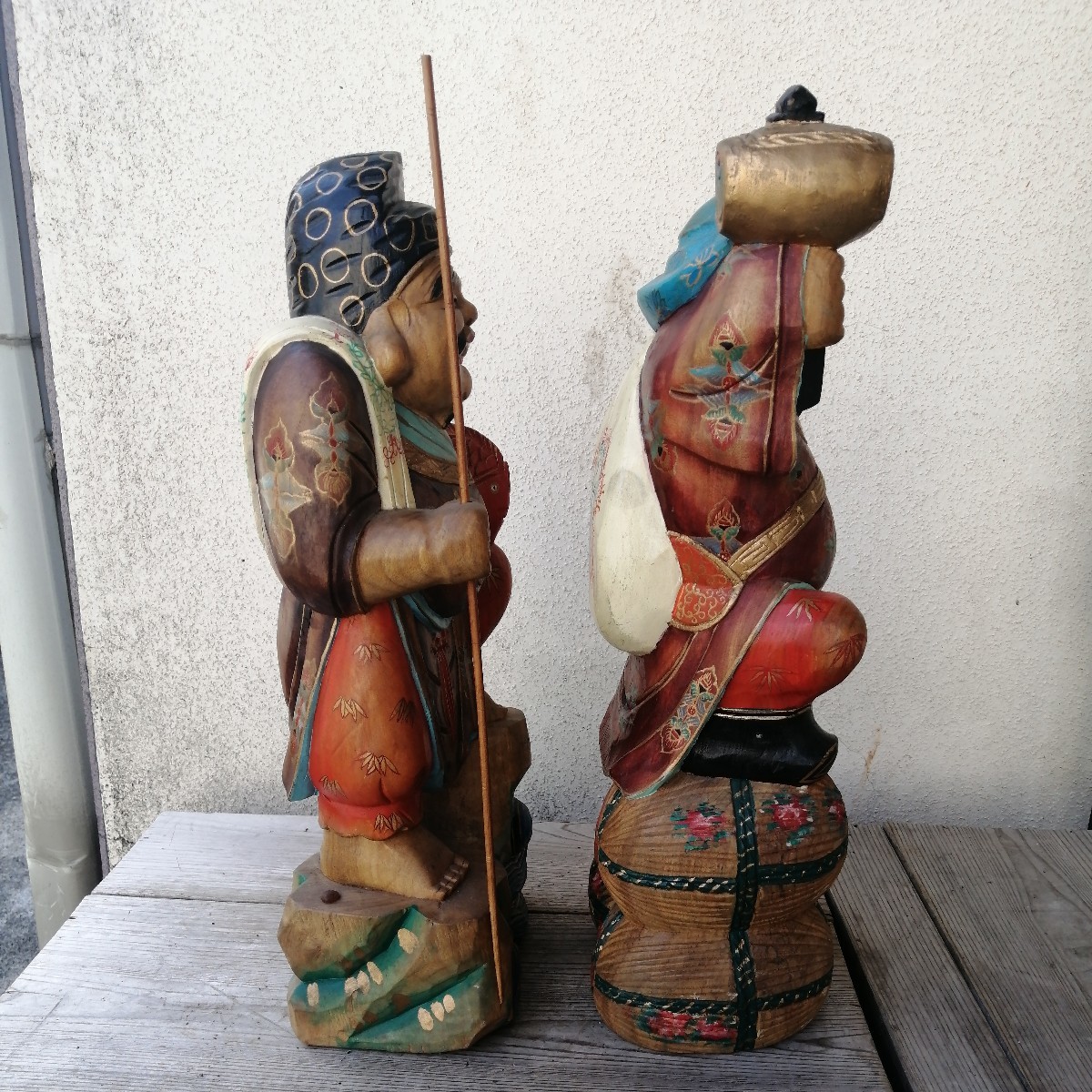 代引き不可】 恵比寿 大黒 木彫 縁起物 色絵 骨董 木製 オブジェ