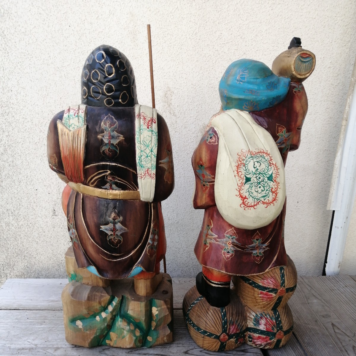 代引き不可】 恵比寿 大黒 木彫 縁起物 色絵 骨董 木製 オブジェ