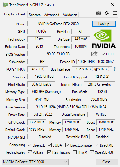 NVIDIA GeForce RTX2060 HP製6GB GDDR6 動作確認済みDP DVI HDMI 認識