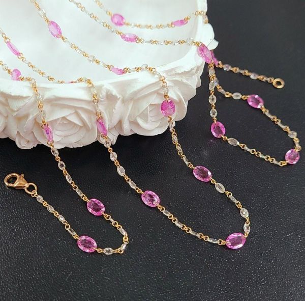 [ judgement document attaching ]14ct natural pink sapphire 5ct diamond K18 yellow gold 100cm station necklace pendant 9 month birthstone 