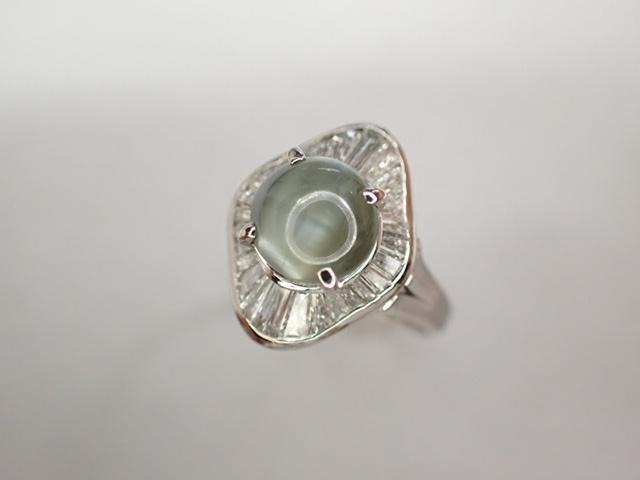 美品 Pt900 クリソベリルキャッツアイ2.13ct ダイヤ計0.78ct デザイン リング 指輪