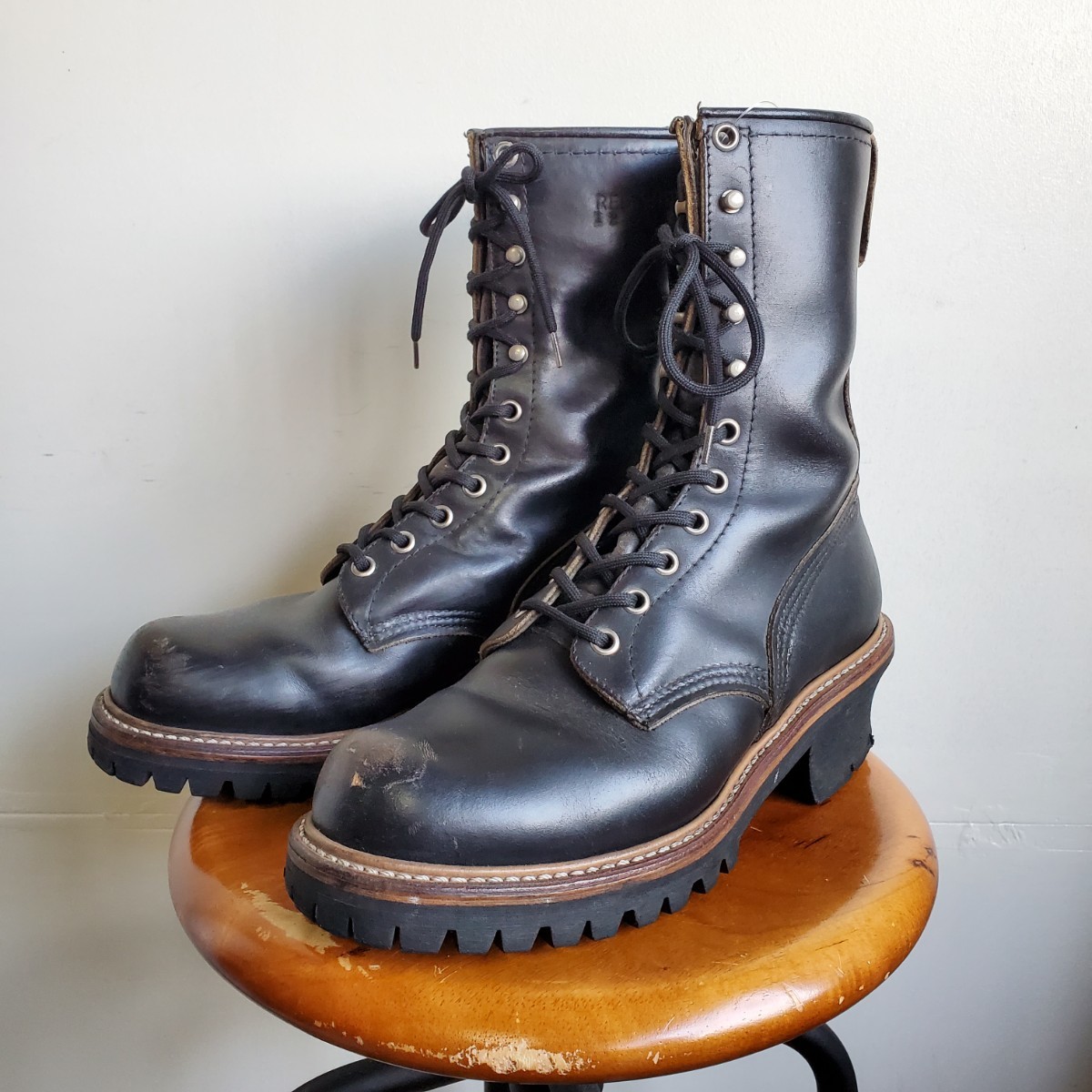 962◆93年製 レッドウィング REDWING 699 スチールなし ロガーブーツ 6 1/2C 24.5㎝位 黒 ブラック 茶芯 羽根タグ 中古 USED