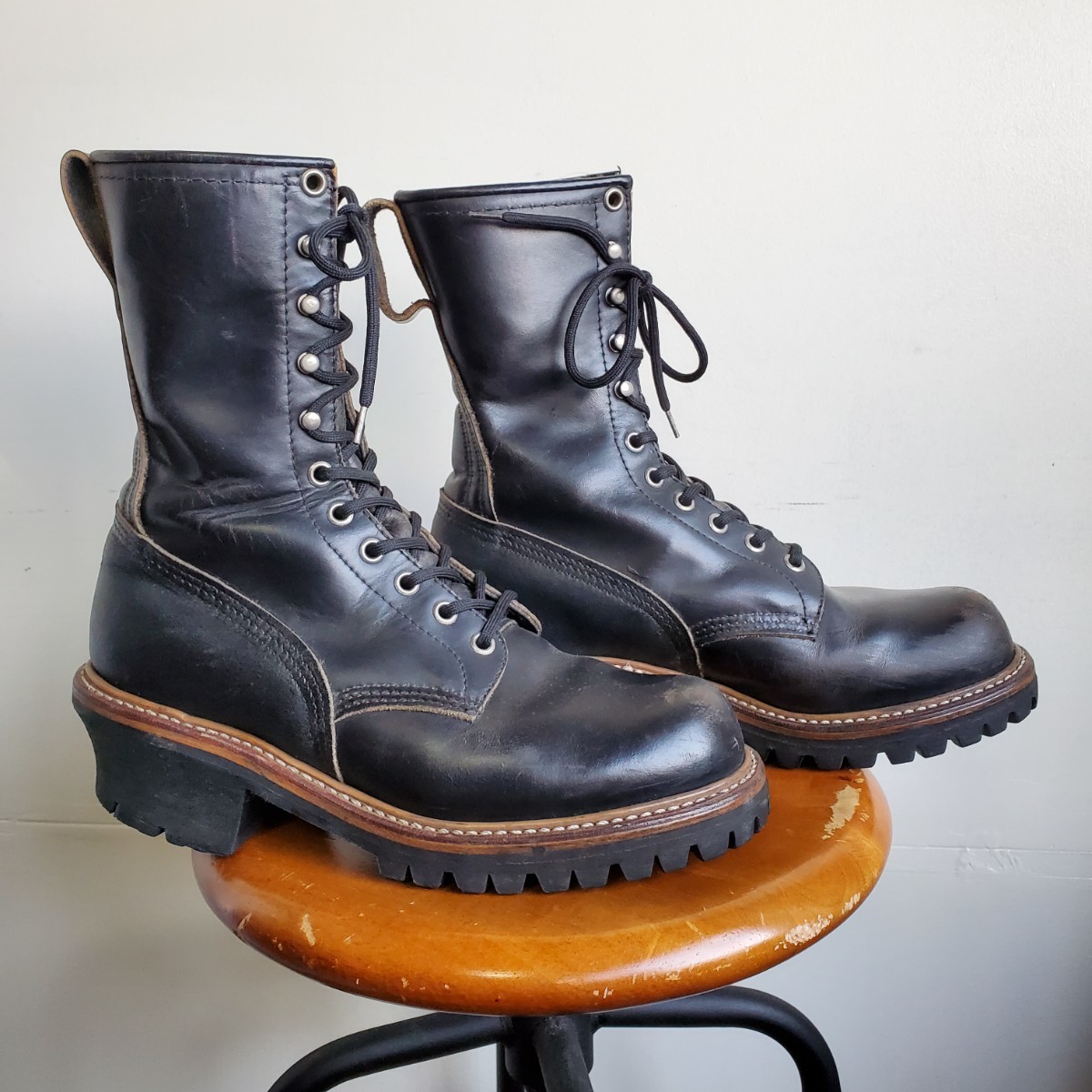 962◆93年製 レッドウィング REDWING 699 スチールなし ロガーブーツ 6 1/2C 24.5㎝位 黒 ブラック 茶芯 羽根タグ 中古 USED