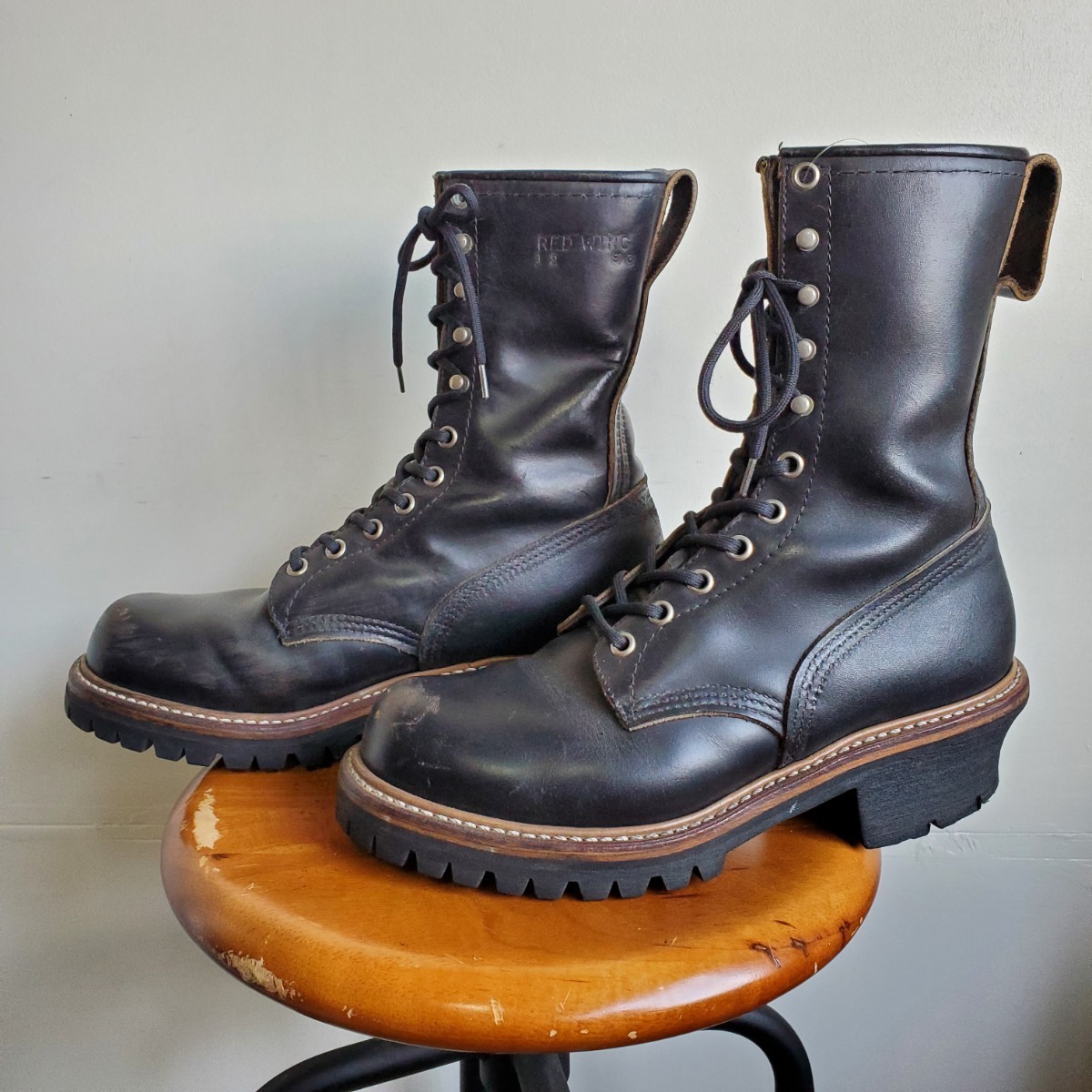 962◆93年製 レッドウィング REDWING 699 スチールなし ロガーブーツ 6 1/2C 24.5㎝位 黒 ブラック 茶芯 羽根タグ 中古 USED