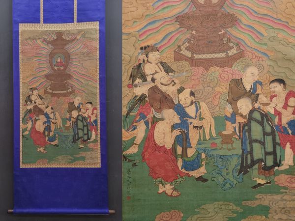 古びた蔵 中国書画 唐代画家『呉道子 仏道人物図 肉筆絹本』真作